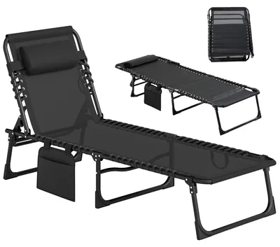 Image de Chaise longue pliante, dossier réglable, appui-tête rembourré, dimensions : 189 cm x 58 cm x 30 cm, structure en acier, capacité de charge : 120 kg