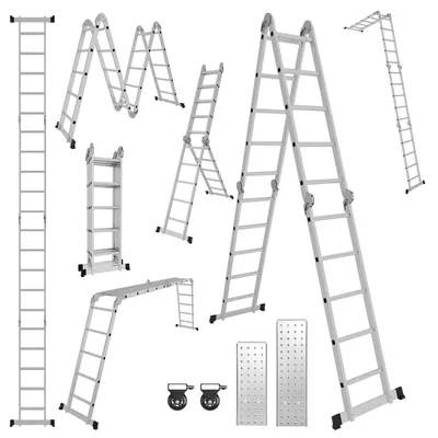 Obrázok produktu pre Vigevee, univerzálna hliníková rebrík 7v1, 4x5 schodíkov, výška cca 580 cm / 5,8 m, skladacia rebrík s kĺbovým mechanizmom, s platformami, kolieskami a protišmykovou úpravou, maximálna nosnosť 150 kg