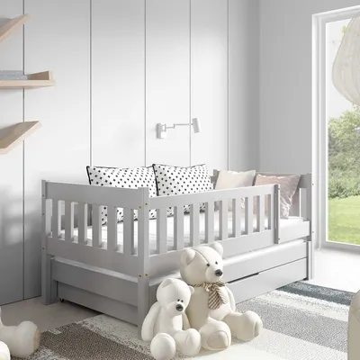 Produktbild von Kinderbett 160 x 80 cm mit Matratze, Unterbett und Schublade, Doppelbett mit Rausfallschutz Grau KAJA