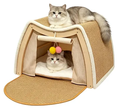 Productafbeelding van 3-in-1 kattenhuis met krabpaal en speelgoed