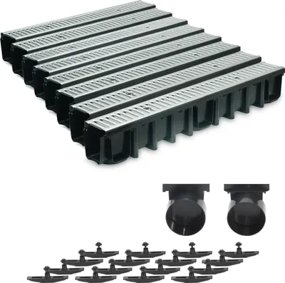 Produktbild von 8m Entwässerungsrinne Terrassenrinne Stahlrost verzinkt komplett SET, System A15 148mm, inkl. Zubehör