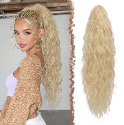 Obrázek produktu pro Paruka, cop "pohřížko", 65 cm, blond, vlnitá, kudrnatá, syntetická, s klipsy