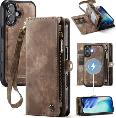 Produktbild von Schutzhülle für iPhone 17, Vintage Multifunktions Lederhülle, Kartenfächer, Reißverschluss Hülle Braun