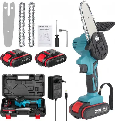 Produktbild von Mini Kettensäge,4 Zoll Mini Kettensäge Elektro 2 Akku,Kabellose Tragbare Einhand-Kettensäge für Gartenscheren Astschere Holzschneidenz,Handkettensäge