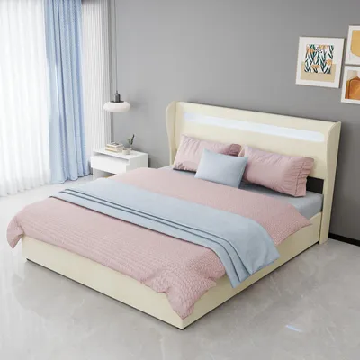 Produktbild von Zerbaco Polsterbett Doppelbett 160x200 cm mit Bettkasten hydraulisch mit LED-Beleuchtung beige mit Lattenrost ohne Matratze