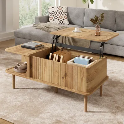 Produktbild von Merax höhenverstellbare Couchtisch mit verschiebbare Tür, Wohnzimmertisch aus MDF mit vertikale Rillen, Sofatisch mit Holzbeine, Natur