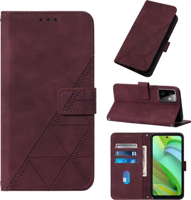 Multiple views of a burgundy flip leather phone case with geometric embossing and card slots.
