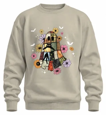Immagine prodotto di Halloween Ghost Patchwork Cat Flowers Autumn Vintage Boho Stars Felpa Unisex Pullover, Nature, S