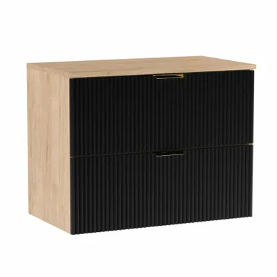 Zdjęcie produktu dla WENA Szafka pod umywalkę 80 cm, ryflowane fronty, metalowe uchwyty w kolorze złotym (kolor: czarny/orzech)