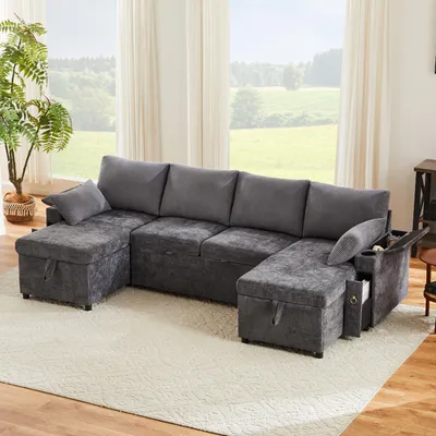 Image de OKWISH Canapé-Lit Convertible Canapé d’Angle avec Coffre de Rangement et Porte-Gobelets - Chenille Velours Côtelé - Gris
