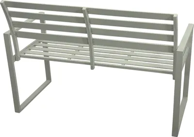 A white park bench viewed from the back.