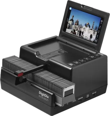 A digital slide and film scanner with a screen displaying an image.