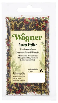Produktbild von Bunter Pfeffer ganz 30g - Wagner Gewürzmischung, Gewürze, Pfefferkörner