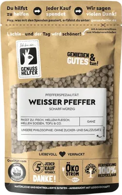 Produktbild von Weißer Pfeffer, ganz, intensive Schärfe, helle Pfefferkörner zum Kochen, für die Pfeffermühle, 150g