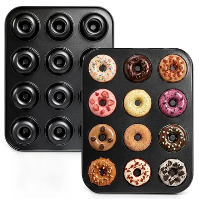 Produktbild von Donuts Backform 2 Stück 24 Mulden Antihaftbeschichtet Kohlenstoffstahl Schwarz 28x40x2cm Ø6.5cm