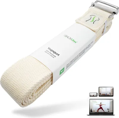 A yoga strap is presented on a white background, with smaller images of people using yoga straps on screens in the lower right corner.