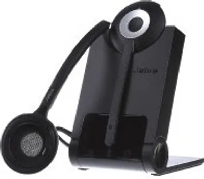 A black Jabra wireless headset and its charging base are shown against a white background.