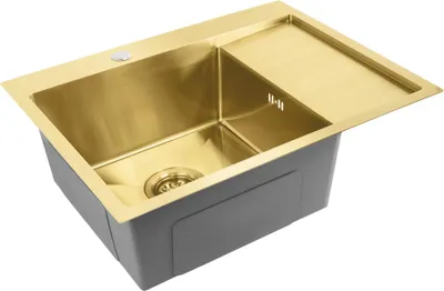 A gold sink with a gray base, shown from a diagonal angle.