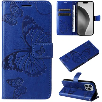 Produktbild von Mobigear Butterfly Schutzhülle für iPhone 16 Pro Max, Klapphülle mit Portemonnaie-Funktion – Blau