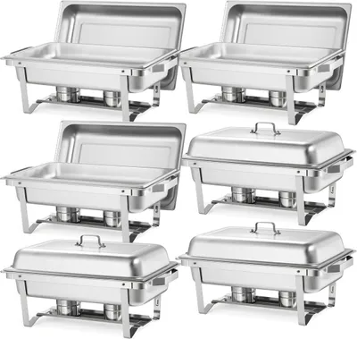 Produktbild von Rechteckiges Chafing Dish, 9,91 l, 6er-Pack Edelstahl-Chafing Dish, Speisenwärmer-Set komplett mit Hohlgriff, 3 Speisenzangen, Deckel, Brennstoffhalter, Chafing Dishs für Bankette, Partys und Hochzeiten
