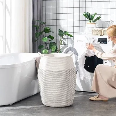 Zdjęcie produktu dla Duży, tkany kosz na bieliznę z bawełnianej liny – wysokość 256 cm – kosz do przechowywania w sypialni/pralni