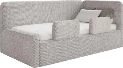 Produktbild von Selsey Fanko – Kinderbett 90x200 cm mit Rausfallschutz, Matratze, Kopfteil rechts, Plüsch, Greige