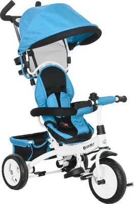 Obrázok produktu pre HOMCOM Trojkolka 6 v 1 s tlačením, detská trojkolka s odnímateľnou slnečnou strieškou, balančný bicykel s 5-bodovými bezpečnostnými pásmi, košíkom, držiakom na pohár, pre deti od 1 do 5 rokov, modrá