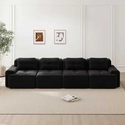 Obrázek produktu pro MODFU Modulní pohovka pro 4 osoby, model Cord, s možností rozložení na lůžko, velká pohovka s prohnutou opěradlem, bez podnožky, rozkládací pohovka, černá barva