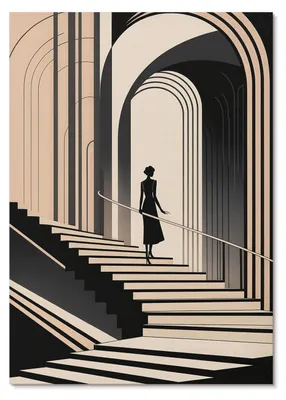 Produktbild von POSTER - 29x42 cm (A3) - Lena "Leni" Moreau - Eine Gestalt auf der Treppe unter den monumentalen Bögen -  Wandbild für Wohnzimmer Schlafzimmer & Flur, Modernes Poster Wanddeko, Ungerahmt