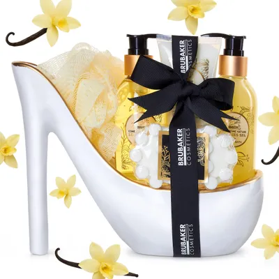 Obrázok produktu pre BRUBAKER luxusná vanilková kúpeľová kozmetická súprava - 6-dielna darčeková súprava do kúpeľa v bielej farbe Stiletto - wellness sprchovací a kúpeľový set pre ženy