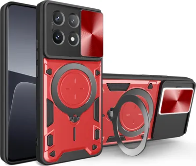 Produktbild von Handyhülle für Xiaomi Poco X6 Pro/Redmi K70E Dual-Layer Stoßfest Rüstung Hülle mit Dia Kameraschutz und Kreisförmig Ring Ständer Rot