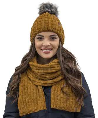 Image de Vivisence femme bonnet à pompon et écharpe ensemble chaud couvre-chef et couvre-cou en hiver et automne chaud épais, bonnet d'hiver à pompon, ensemble d'hiver