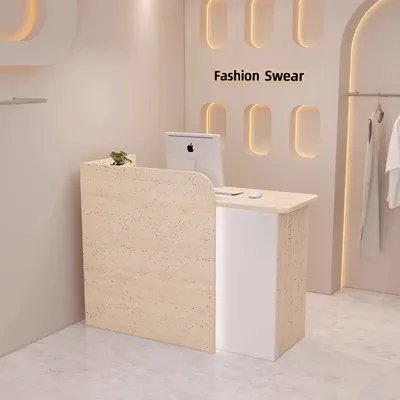 Produktbild von Bartisch,Theke,Kassentisch, kleine Bar, Ladentheke für Bekleidungsgeschäfte, Empfangstheke für Kosmetikstudios, beige weiß, R 80x50x100cm 【B6663】