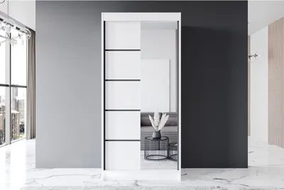 Produktbild von Easy4You P3 100 cm Weiß Schiebetüren Kleiderschrank 100x200x58 cm mit Spiegel - Schlafzimmermöbel, Aufbewahrung - Mehrzweckschrank