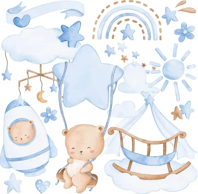 Immagine prodotto di Set di adesivi murali per bambini ORSETTI BLU Nuvole blu Stelle Arcobaleno 120x60cm Set di adesivi murali per neonati