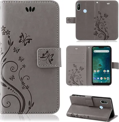 A collage of images showing a grey flip phone case with a floral and butterfly design, including views of the case open, closed, and from the side.
