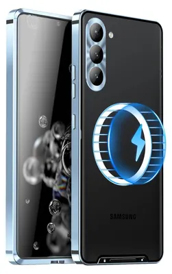 A black Samsung phone case with a blue metallic frame and a magnetic charging indicator on the back.