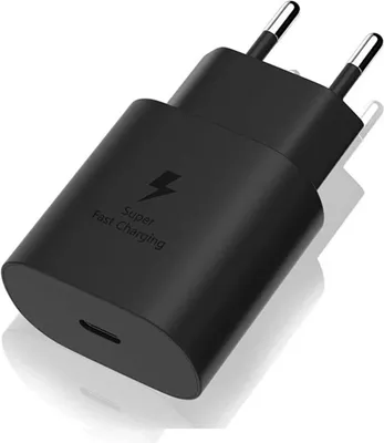 A black USB-C fast charging adapter with a lightning bolt logo and text indicating 'Super Fast Charging'.