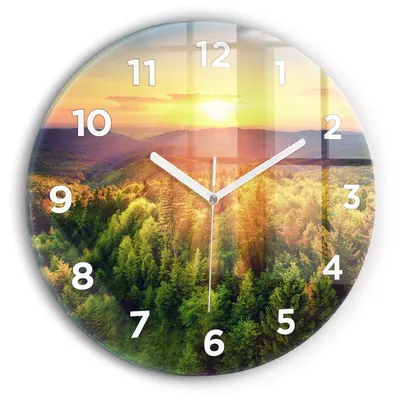 Produktbild von Wallfluent Wanduhr – Stilles Quarzuhrwerk - Uhr Dekoration Wohnzimmer Schlafzimmer Küche - Zifferblatt - weiße Zeiger - 30 cm - Sonnenuntergang über den Hügeln