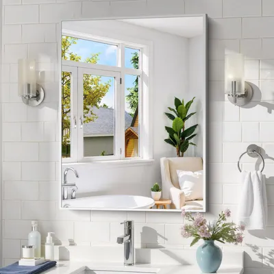 Image de Miroir mural argenté, 61 x 81 cm, rectangulaire, avec cadre en aluminium et métal, orientable horizontalement ou verticalement