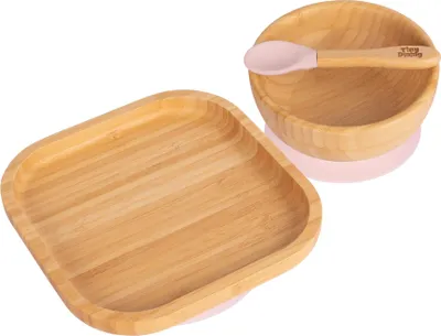 Produktbild von 3pc Pastellrosa Kinder Bambus Quadrat Teller, Schüssel & Löffel-Set mit Silikon-Saugnapf - Segmentiertes Design Baby & Kleinkind Entwöhnung Geschirr - Umweltfreundlich & Biologisch Abbaubar - Von Tiny Dining