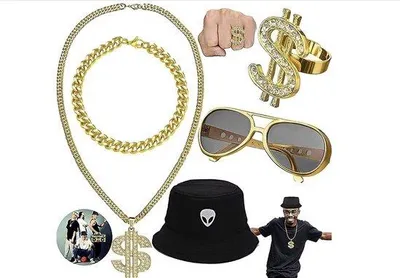 Produktbild von 80er/90er Hip-Hop-Kostüm-Set, Rapper-Outfit, Goldkette, Sonnenbrille, Goldring, Bucket-Hut, Party-Kostüm