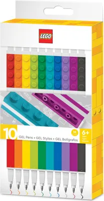A box of LEGO gel pens with the pens displayed in rainbow colors.