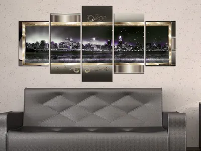 Produktbild von Akustikbild New York 200x100 cm Bilder Akustikschaum Hochleistungsschallabsorber Schallschutz Leinwand 5 tlg Wandbild Raumakustik Schalldämmung City Stadt Abstrakt gold violett 020111-28