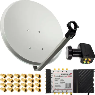 Produktbild von PremiumX SAT Anlage 80cm Antenne Multischalter 5/8 Quattro LNB 24x F-Stecker