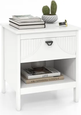 Immagine prodotto di Comodino COSTWAY, tavolino a 2 livelli con cassetto, ripiano, comodino in legno, cassettiera da letto, tavolo da divano letto a molle, bianco, 45 x 40 x 50 cm