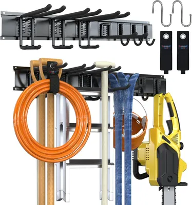 Zdjęcie produktu dla Uchwyt na narzędzia 80 cm, stal nierdzewna, 9 haków, 2 szyny, do garażu