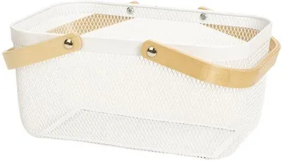 Image de Panier de rangement Ibenzoa® avec poignée – blanc, acier et bois, panier de rangement polyvalent pour la maison, la cuisine, le salon et le bureau, dimensions : 37 x 24 x 18 cm