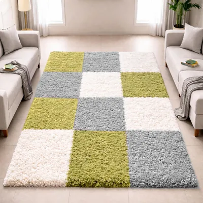 Produktbild von Shaggy Teppich Mehrfarbig Grün Grau Creme – moderner Hochflor Teppich mit Karomuster Größe - 140 x 200 cm