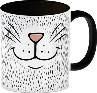 Produktbild von Katzengesicht Kaffeebecher mit süßem Lächeln einer Katze in weiß Kaffeebecher